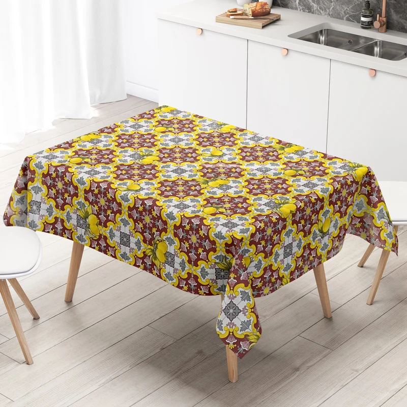 Wachstuch Tischdecke 06213-01 gelb bordeauxrot Fliesen Mosaik Zitronen eckig rund oval abwischbar