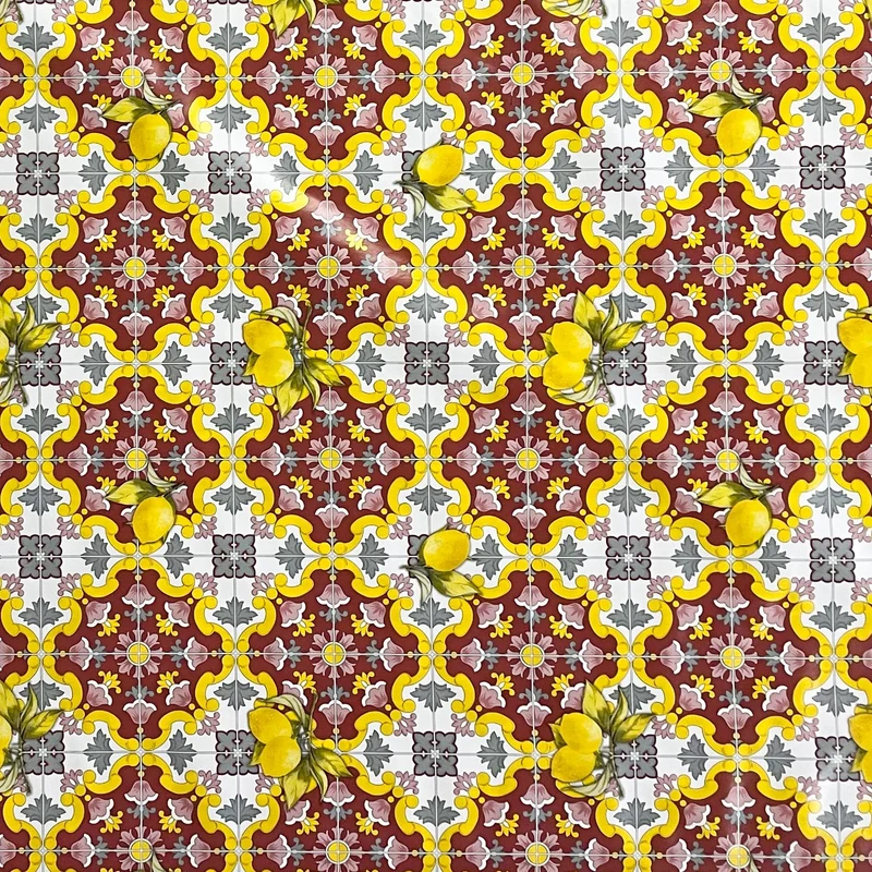 Wachstuch Tischdecke 06213-01 gelb bordeauxrot Fliesen Mosaik Zitronen eckig rund oval abwischbar