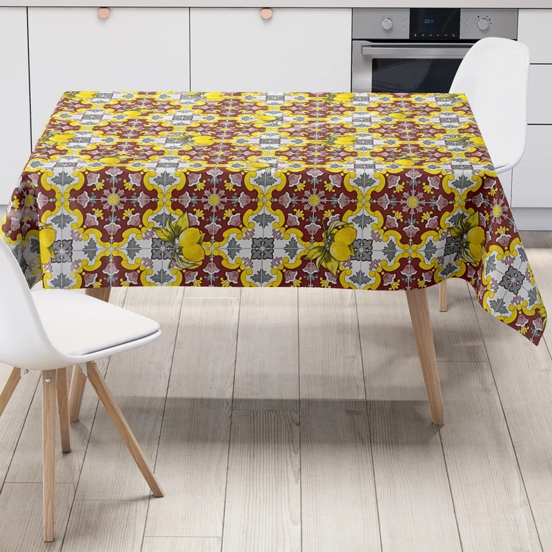 Wachstuch Tischdecke 06213-01 gelb bordeauxrot Fliesen Mosaik Zitronen eckig rund oval abwischbar