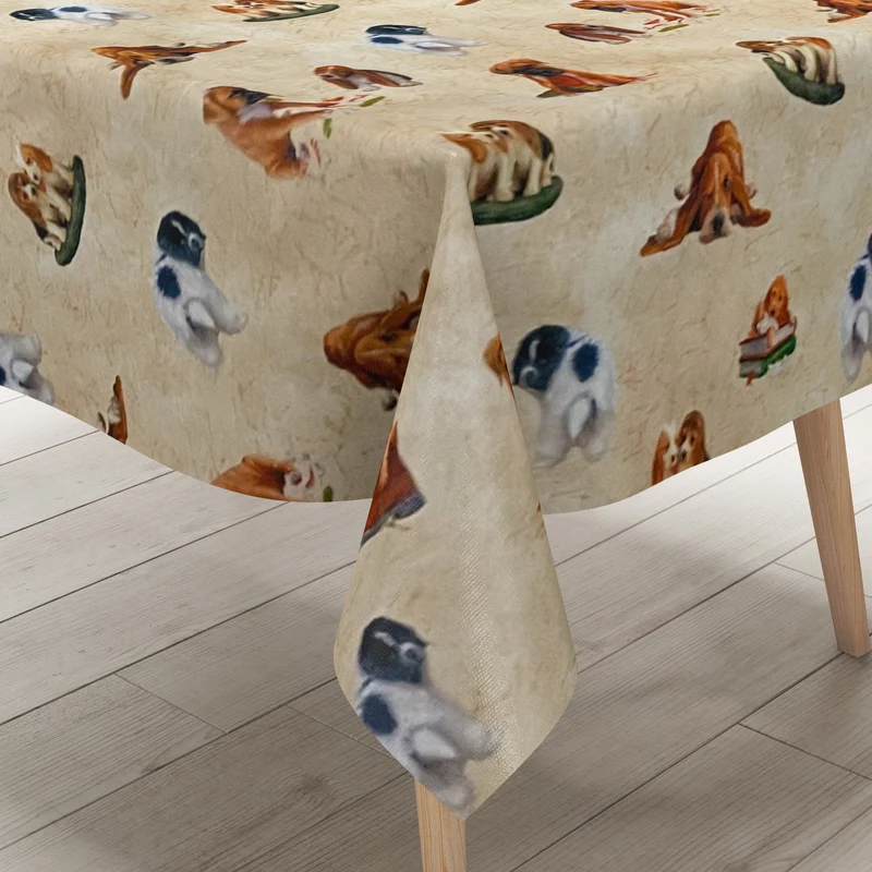 Wachstuch Tischdecke 06234-01 Hunde Welpen auf beige eckig rund oval abwischbar