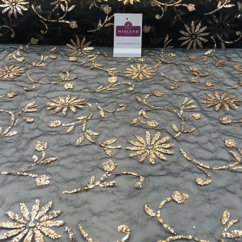 Matt Gold Floral Metallic Glitter black mesh net dress fabric 58" M781-5 Mtex