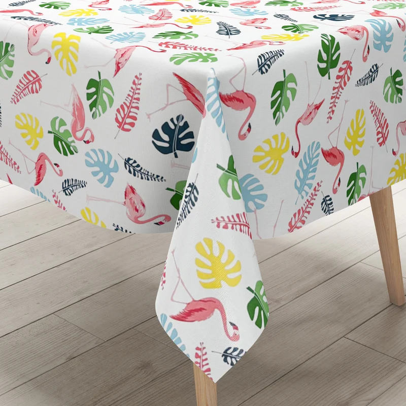 Wachstuch Tischdecke 160 cm Breite Übergröße P8094-1 Flamingo Monstera eckig rund oval