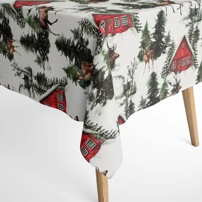 Jacquard Tischdecke aus beschichteter Baumwolle mit Fleckenschutz RENNOS Weihnachten Hirsch Reh Tanne eckig rund oval