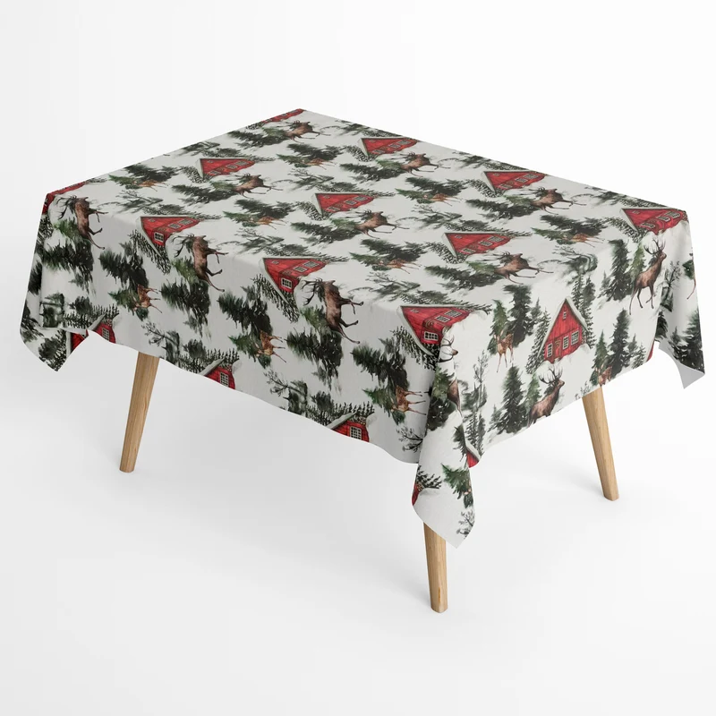Jacquard Tischdecke aus beschichteter Baumwolle mit Fleckenschutz RENNOS Weihnachten Hirsch Reh Tanne eckig rund oval