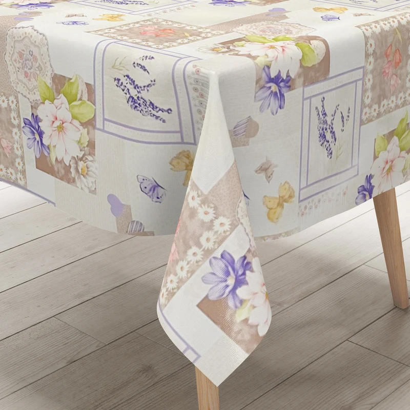 Wachstuch Tischdecke 01447-02 hellbraune Blumen auf weiss Schmetterlinge eckig rund oval