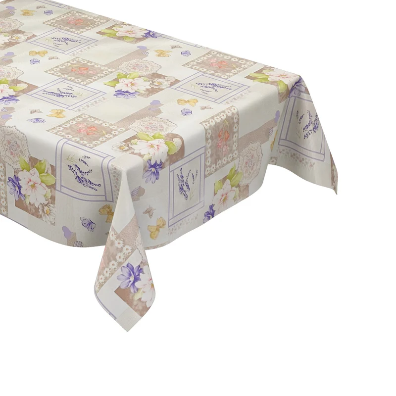Wachstuch Tischdecke 01447-02 hellbraune Blumen auf weiss Schmetterlinge eckig rund oval