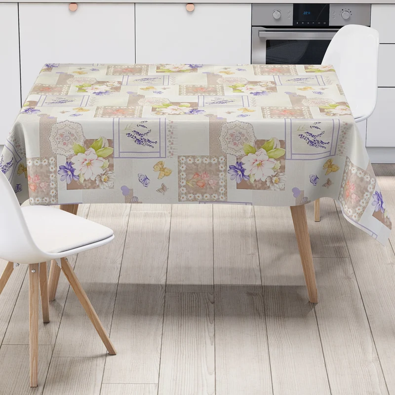 Wachstuch Tischdecke 01447-02 hellbraune Blumen auf weiss Schmetterlinge eckig rund oval