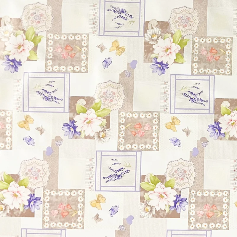 Wachstuch Tischdecke 01447-02 hellbraune Blumen auf weiss Schmetterlinge eckig rund oval