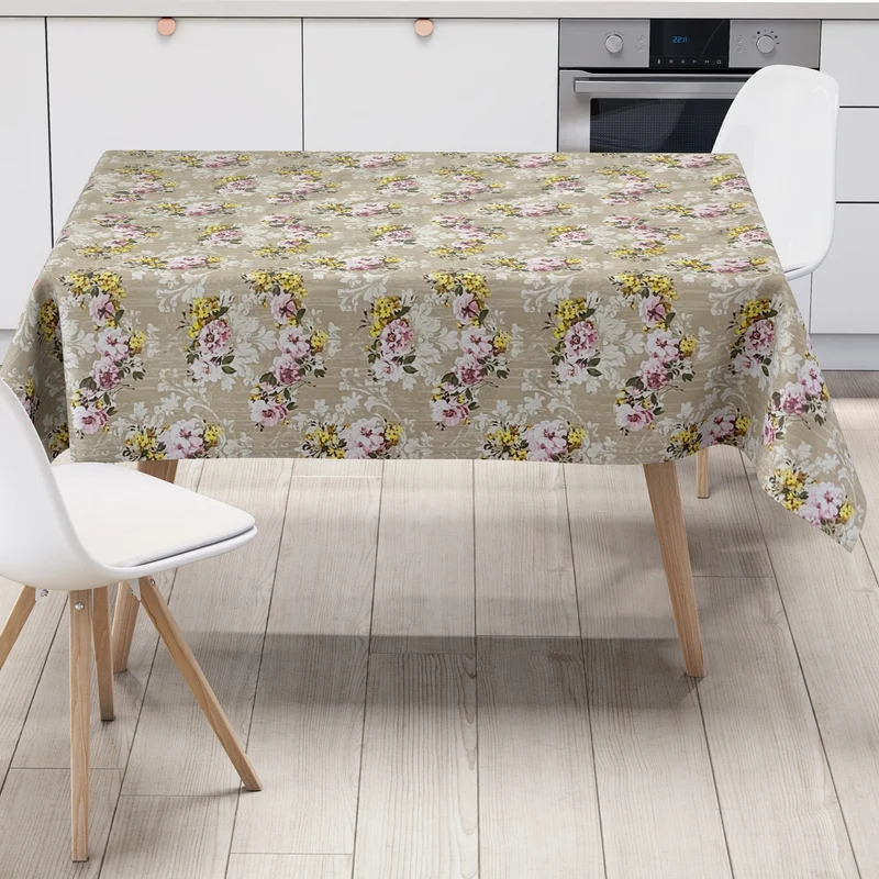 Wachstuch Tischdecke 01539-01 Rosen Blüten auf beige Küche eckig rund oval