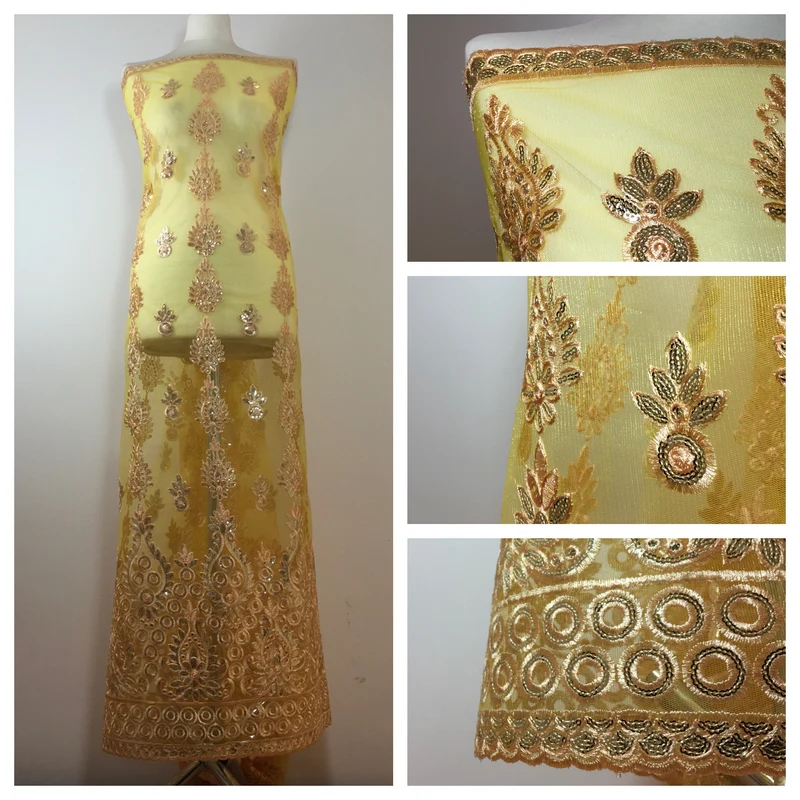 Golden Embroidered Scalloped edge Dress tulle net Fabric 55" Wide M799 Mtex
