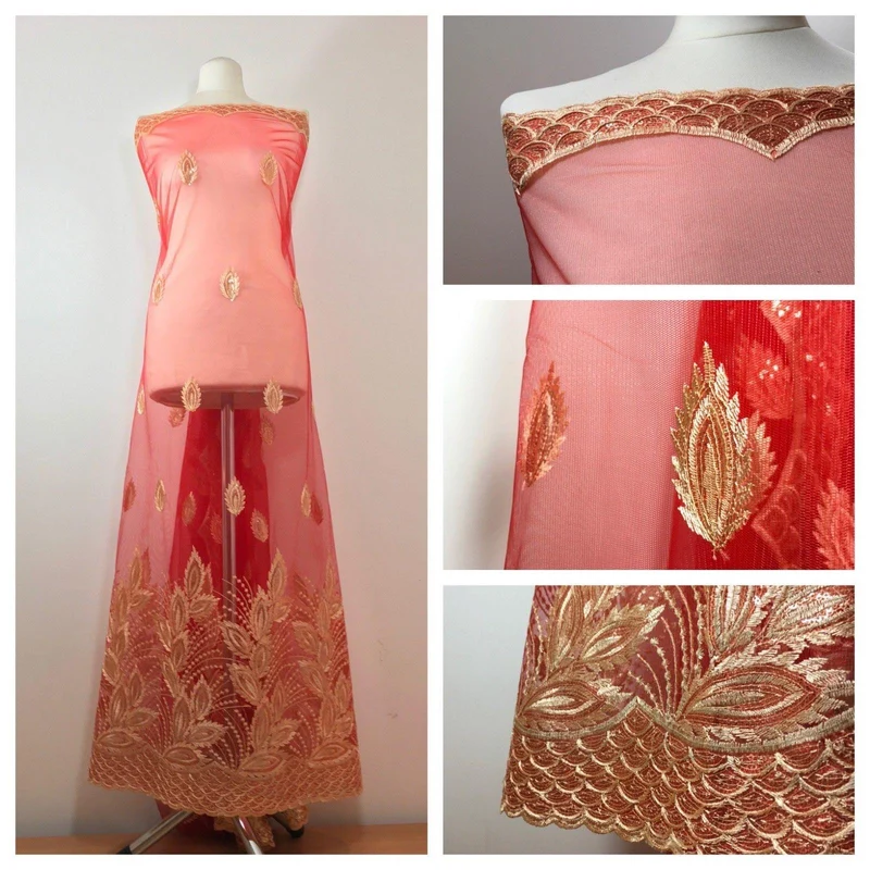 Gold Floral Embroidered Scalloped edge Dress Net Fabric 55" Wide M801 Mtex