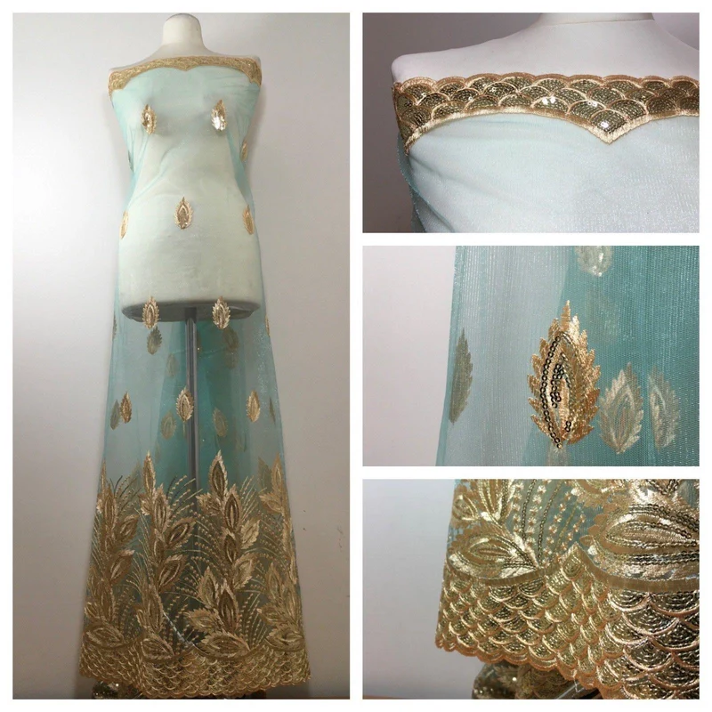 Gold Floral Embroidered Scalloped edge Dress Net Fabric 55" Wide M801 Mtex