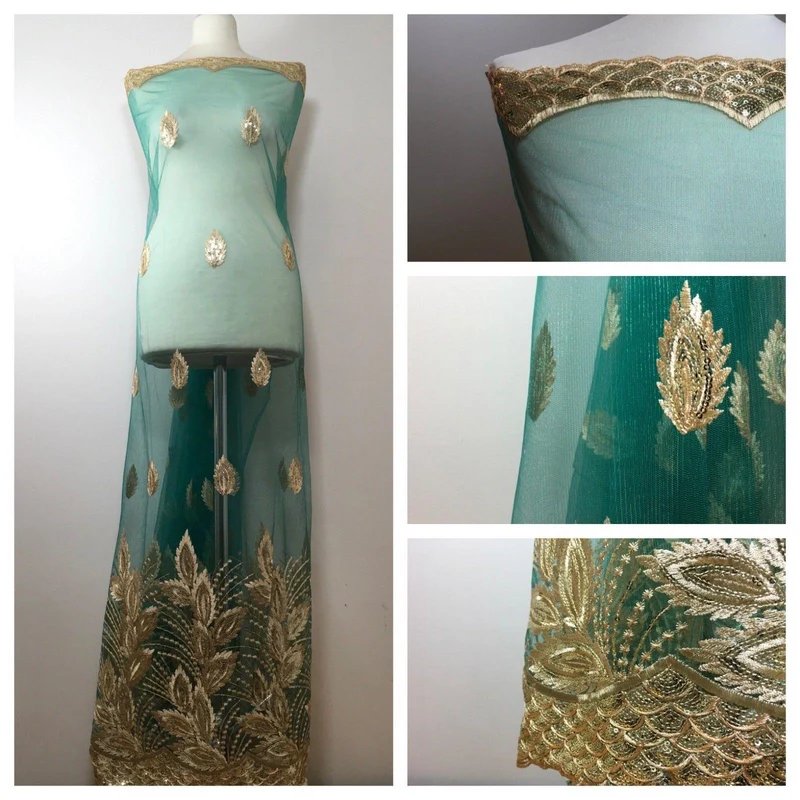 Gold Floral Embroidered Scalloped edge Dress Net Fabric 55" Wide M801 Mtex