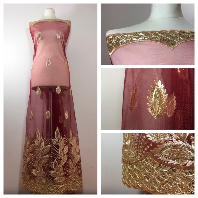Gold Floral Embroidered Scalloped edge Dress Net Fabric 55" Wide M801 Mtex
