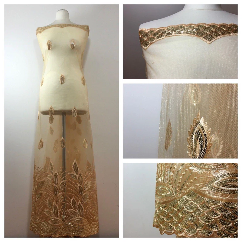 Gold Floral Embroidered Scalloped edge Dress Net Fabric 55" Wide M801 Mtex