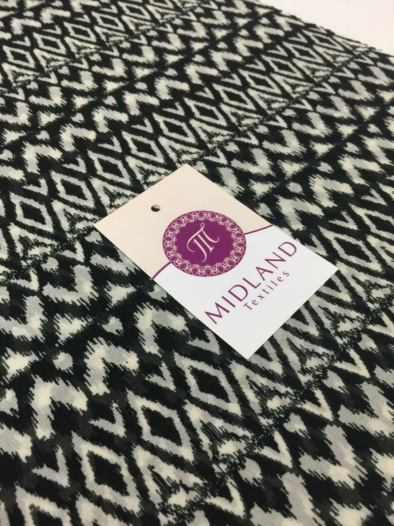 Black and Off white geometric tribal crepe chiffon ﻿printed fabric 58" M401-12