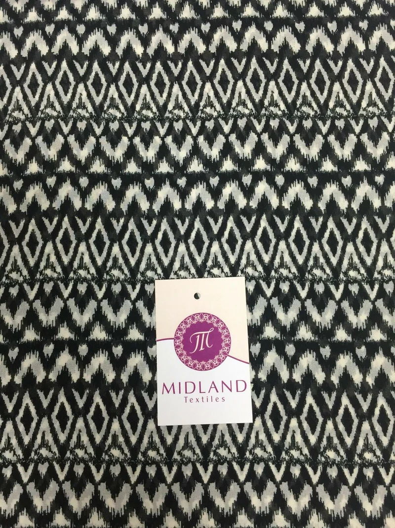 Black and Off white geometric tribal crepe chiffon ﻿printed fabric 58" M401-12