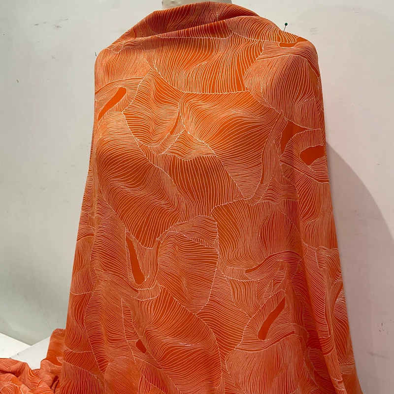 Orange & White Pleat Effect Dress Fabric M401-14