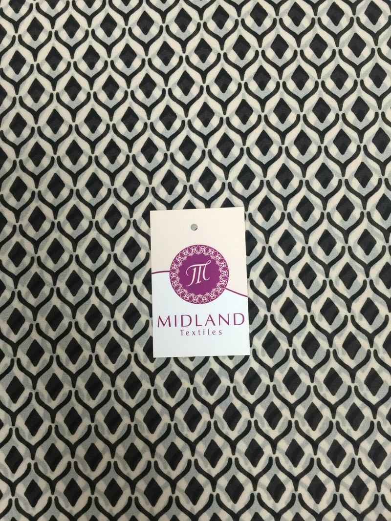 Black and Off white geometric diamond crepe chiffon printed fabric 58" M401-13