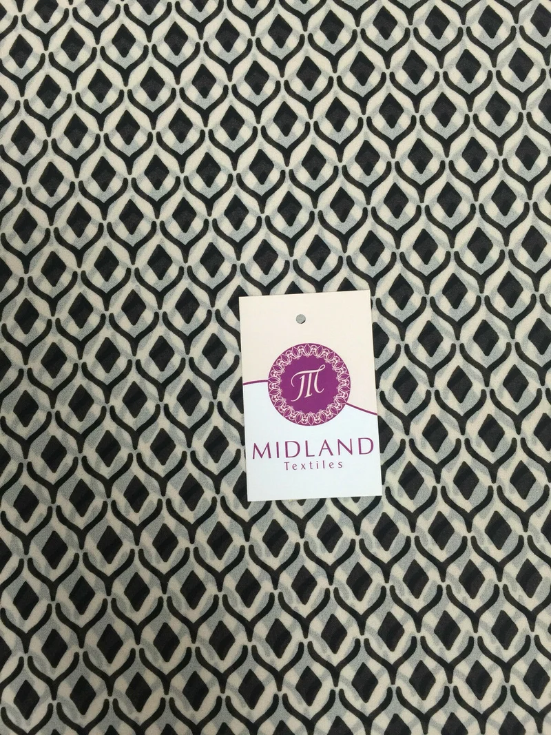 Black and Off white geometric diamond crepe chiffon printed fabric 58" M401-13