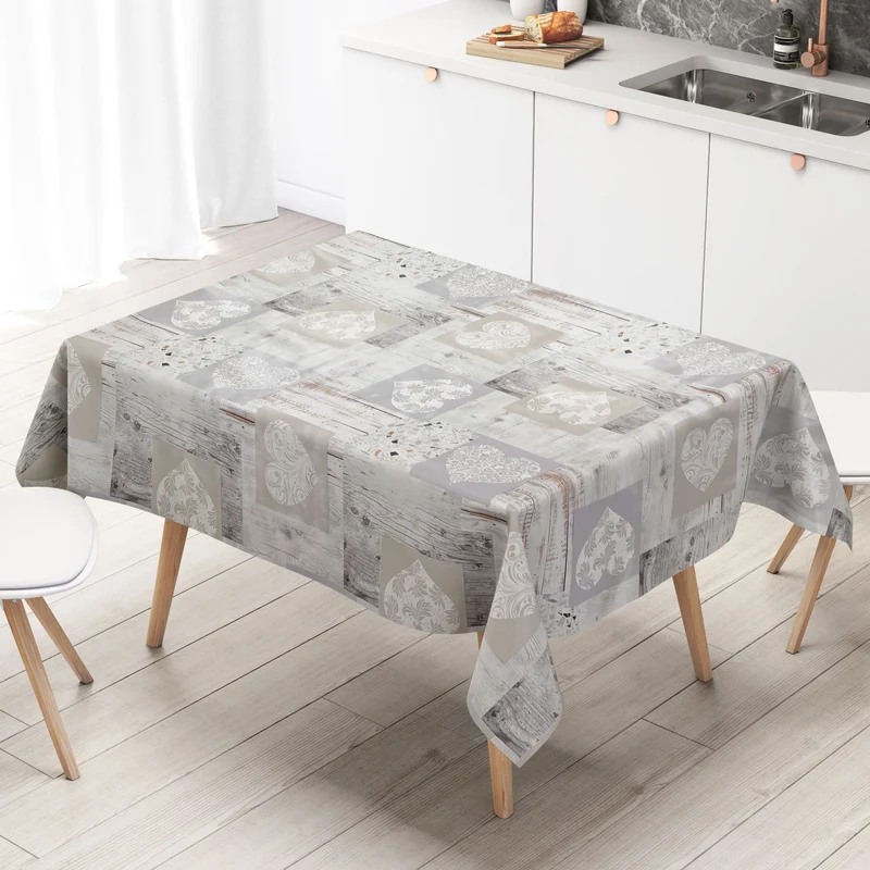Wachstuch Tischdecke B4026-01 Herzen Holz Alm weiß beige eckig rund oval