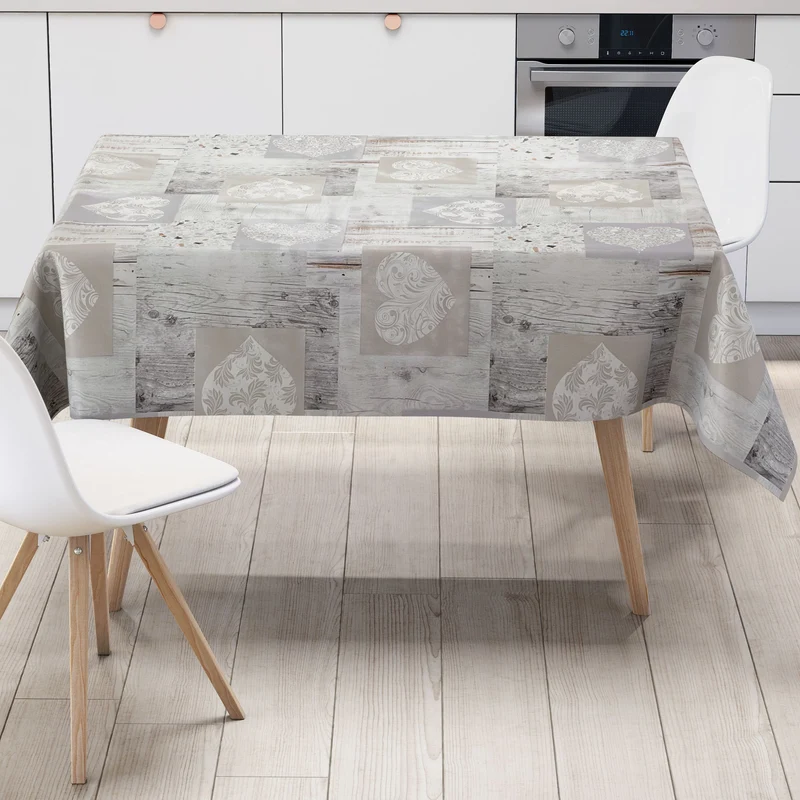 Wachstuch Tischdecke B4026-01 Herzen Holz Alm weiß beige eckig rund oval