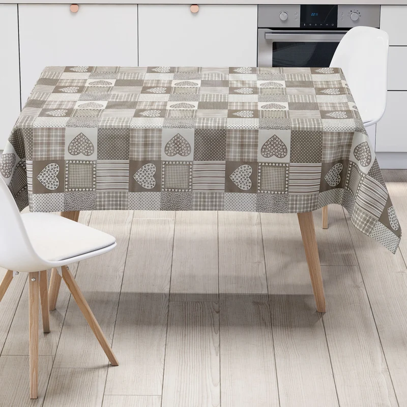 Wachstuch Tischdecke B1804-01 Landhaus Herzen karo beige eckig rund oval