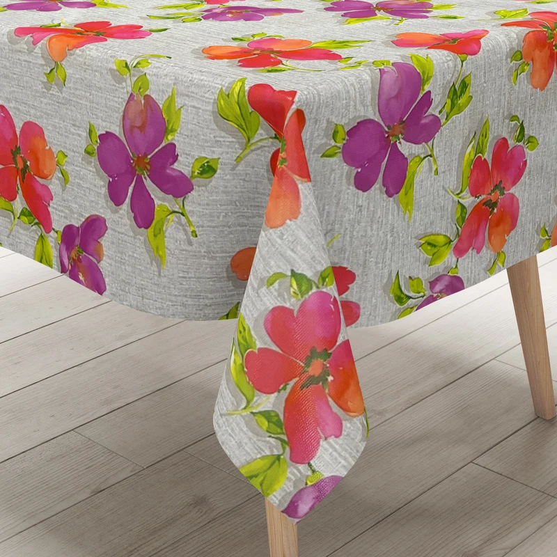 Wachstuch Tischdecke 01708-03 bunte Blüten grau meliert Blumenwiese eckig rund oval Meterware