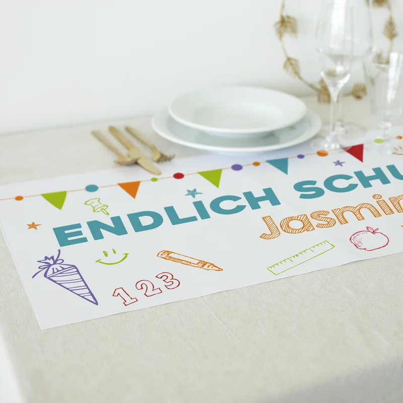 Personalisierter Tischläufer zur Einschulung mit Name | Endlich Schulkind | 2 Größen