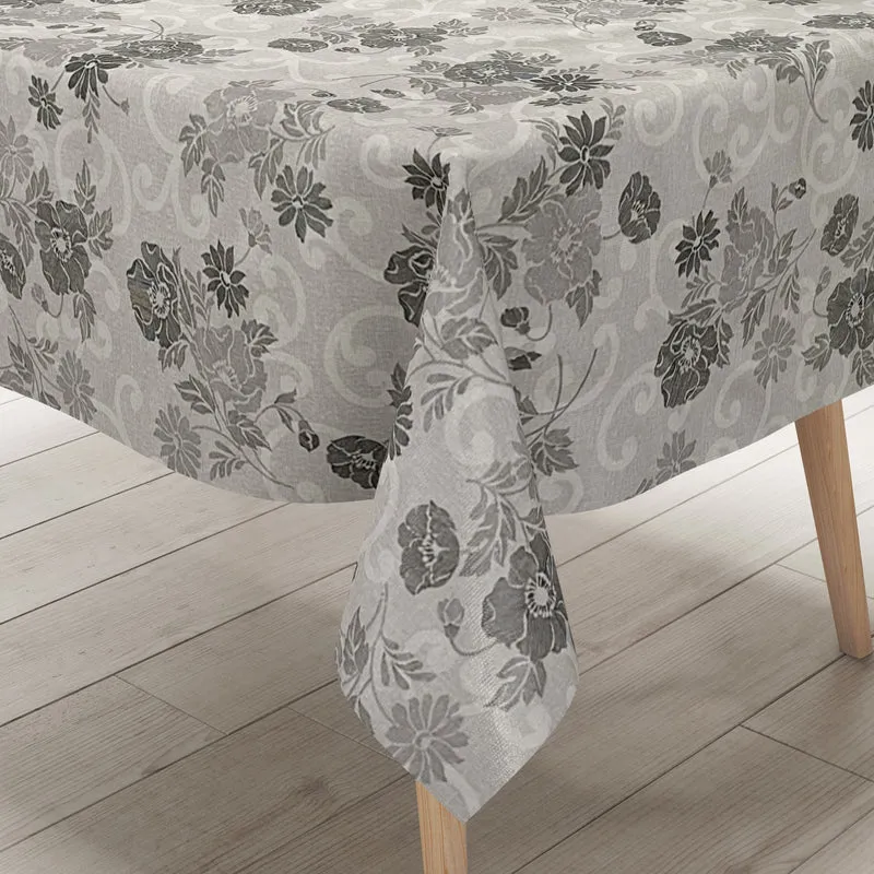 Wachstuch Tischdecke geprägt P1053-1 Leinenoptik grau Blumen floral eckig rund oval