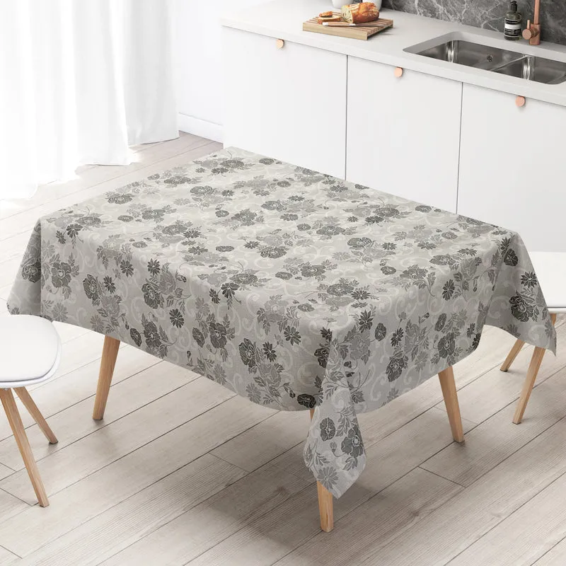 Wachstuch Tischdecke geprägt P1053-1 Leinenoptik grau Blumen floral eckig rund oval