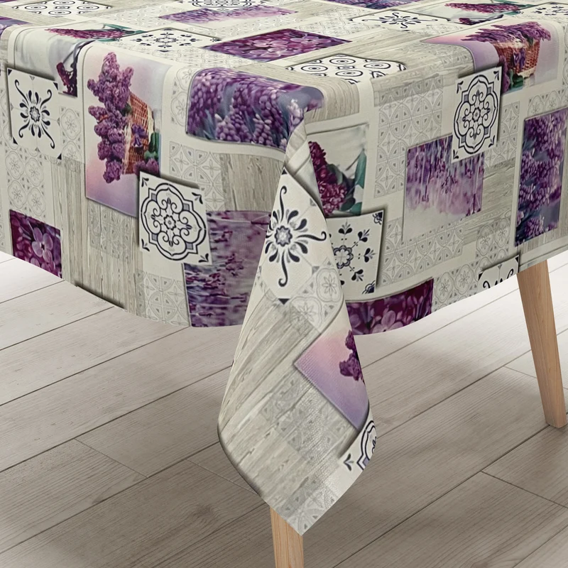 Wachstuch Tischdecke P1081-1 lila Flieder Blüten auf Holz Mosaik eckig rund oval