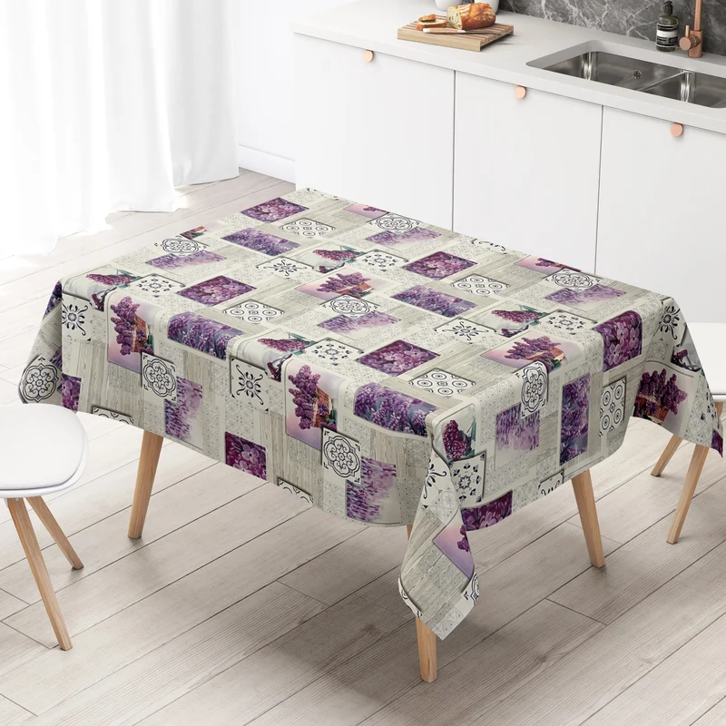 Wachstuch Tischdecke P1081-1 lila Flieder Blüten auf Holz Mosaik eckig rund oval