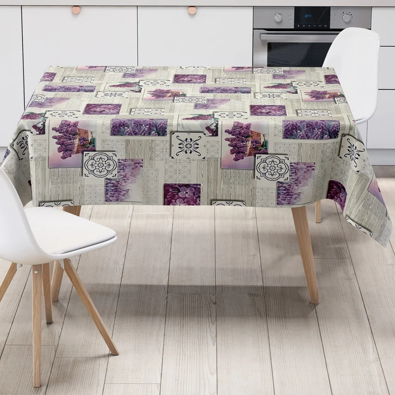 Wachstuch Tischdecke P1081-1 lila Flieder Blüten auf Holz Mosaik eckig rund oval