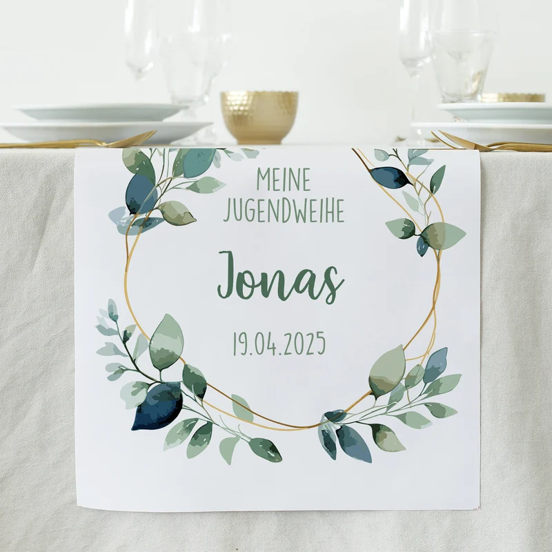 Tischläufer zur Jugendweihe mit Eukalyptus-Motiv personalisiert mit Name & Datum