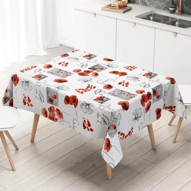 Wachstuch Tischdecke DR40 weiss Mohn POPPY Blüten eckig rund oval Meterware