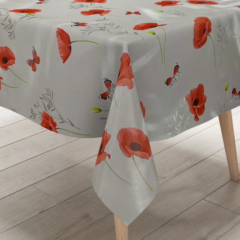 Wachstuch Tischdecke B6022-02 grau Mohn Blüten eckig rund oval Meterware