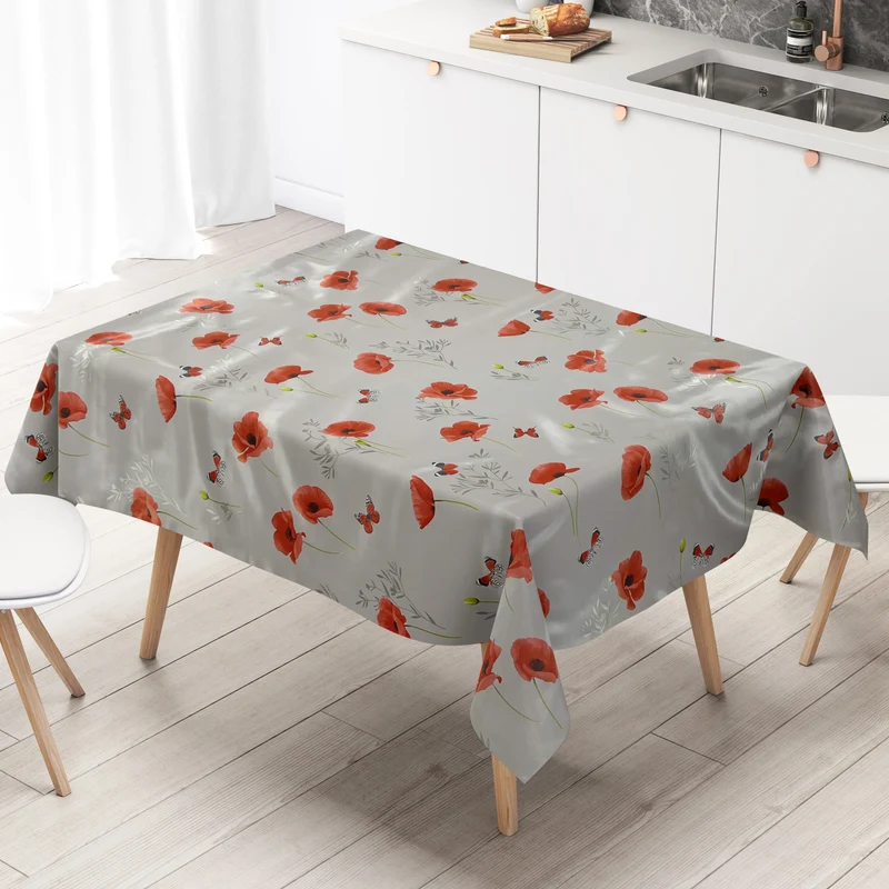 Wachstuch Tischdecke B6022-02 grau Mohn Blüten eckig rund oval Meterware