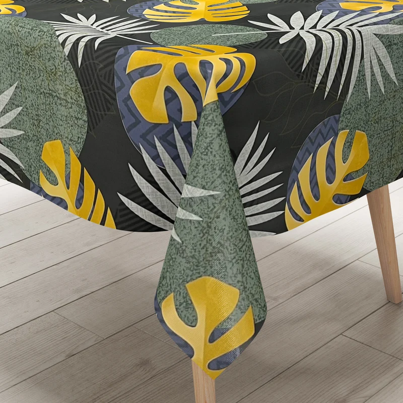 Wachstuch Tischdecke B5054-02 grün gold Dschungel Monstera Palmen eckig rund oval Meterware