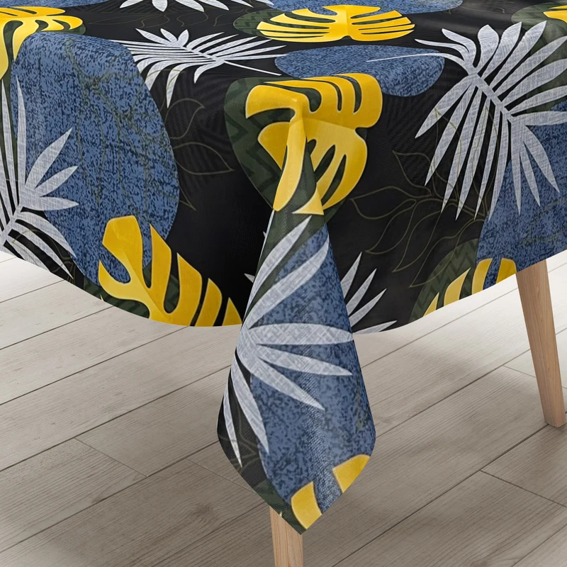 Wachstuch Tischdecke B5054-01 blau gold Dschungel Monstera Palmen eckig rund oval Meterware