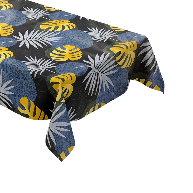 Wachstuch Tischdecke B5054-01 blau gold Dschungel Monstera Palmen eckig rund oval Meterware