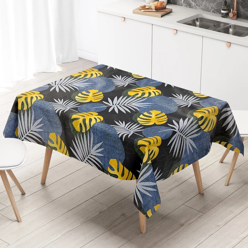 Wachstuch Tischdecke B5054-01 blau gold Dschungel Monstera Palmen eckig rund oval Meterware