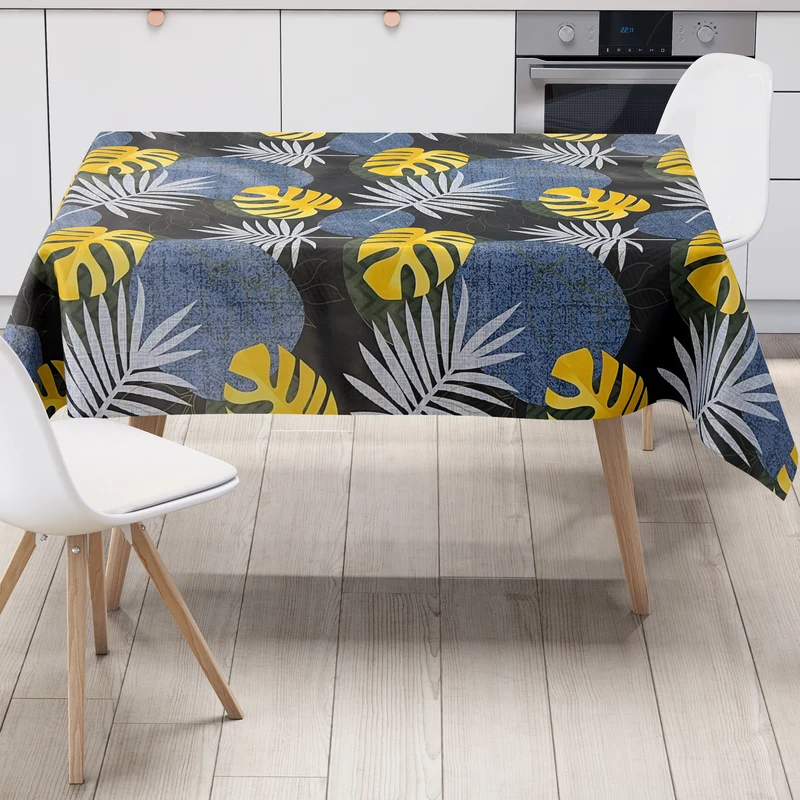 Wachstuch Tischdecke B5054-01 blau gold Dschungel Monstera Palmen eckig rund oval Meterware