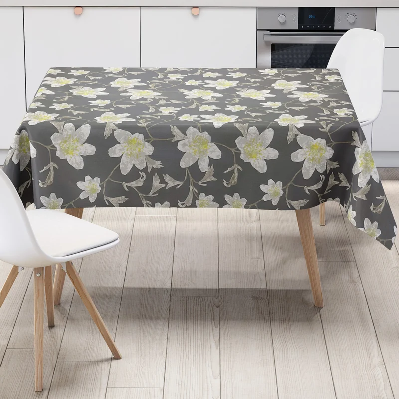 Wachstuch Tischdecke geprägt M19349 Blumen auf grau eckig rund oval