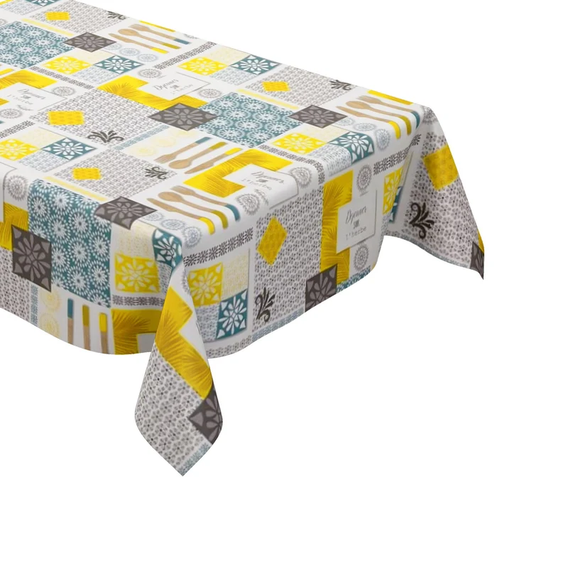 Wachstuch Tischdecke B5045-01 Besteck Küche gelb türkis Mosaik eckig rund oval