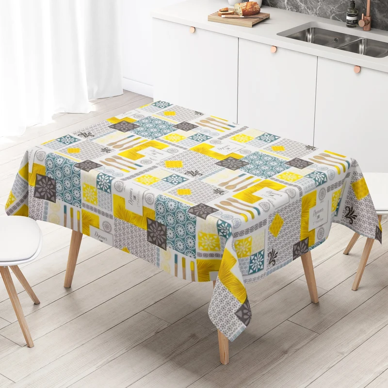 Wachstuch Tischdecke B5045-01 Besteck Küche gelb türkis Mosaik eckig rund oval