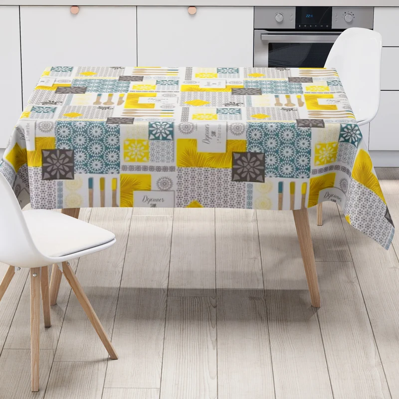 Wachstuch Tischdecke B5045-01 Besteck Küche gelb türkis Mosaik eckig rund oval