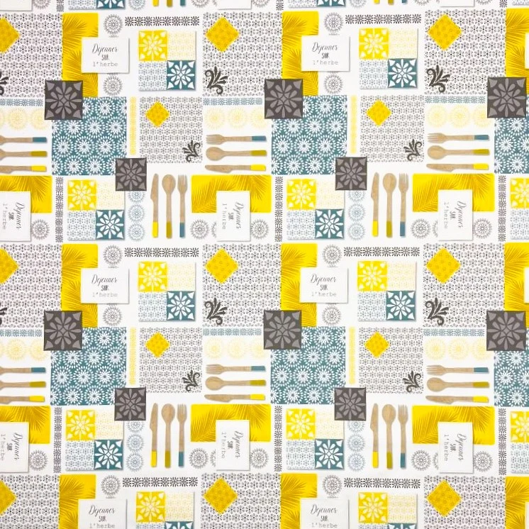 Wachstuch Tischdecke B5045-01 Besteck Küche gelb türkis Mosaik eckig rund oval