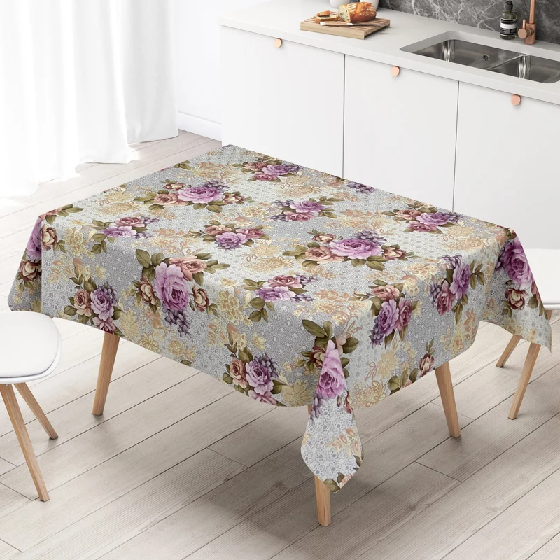 Wachstuch Tischdecke K230C Rosen Blüten auf grau eckig rund oval