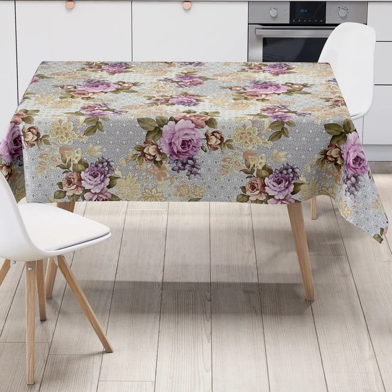 Wachstuch Tischdecke K230C Rosen Blüten auf grau eckig rund oval
